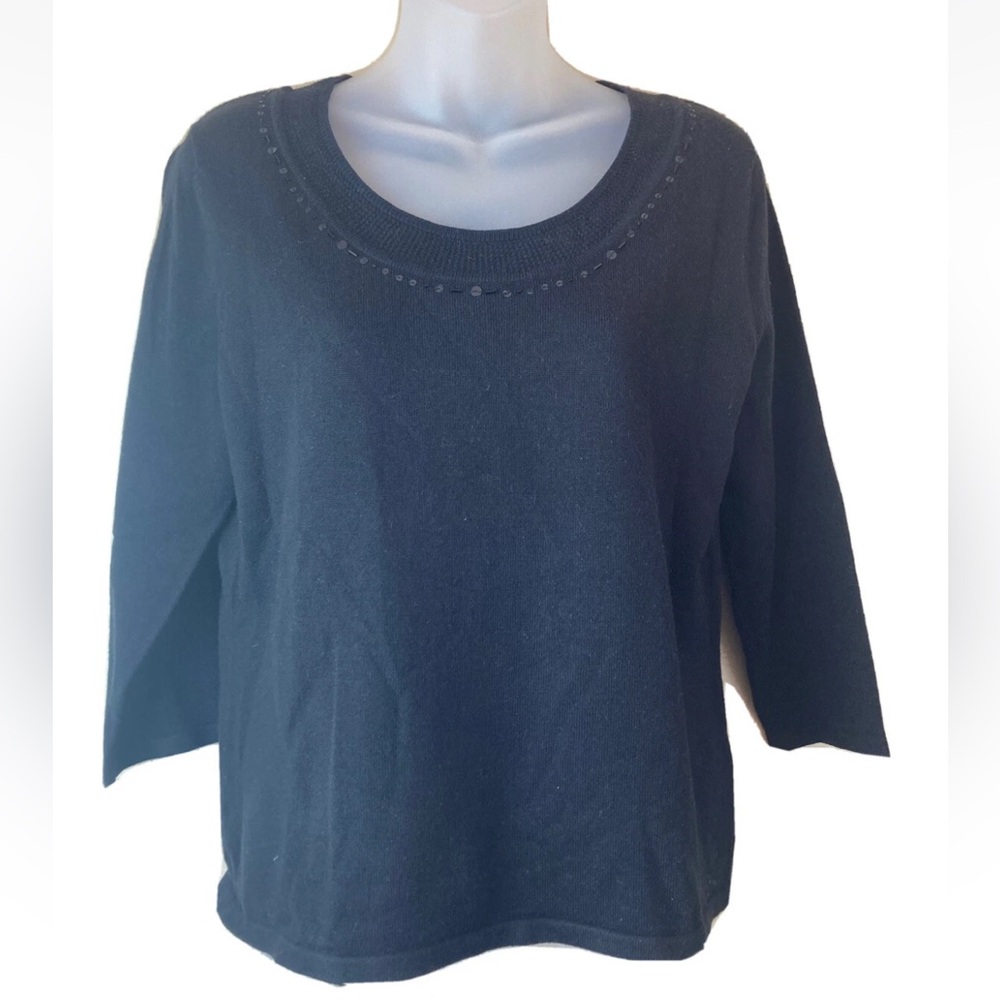 NEW Norton Mcnaughton Petites Medium Black Beaded Sweater Crew Neck PM Washable